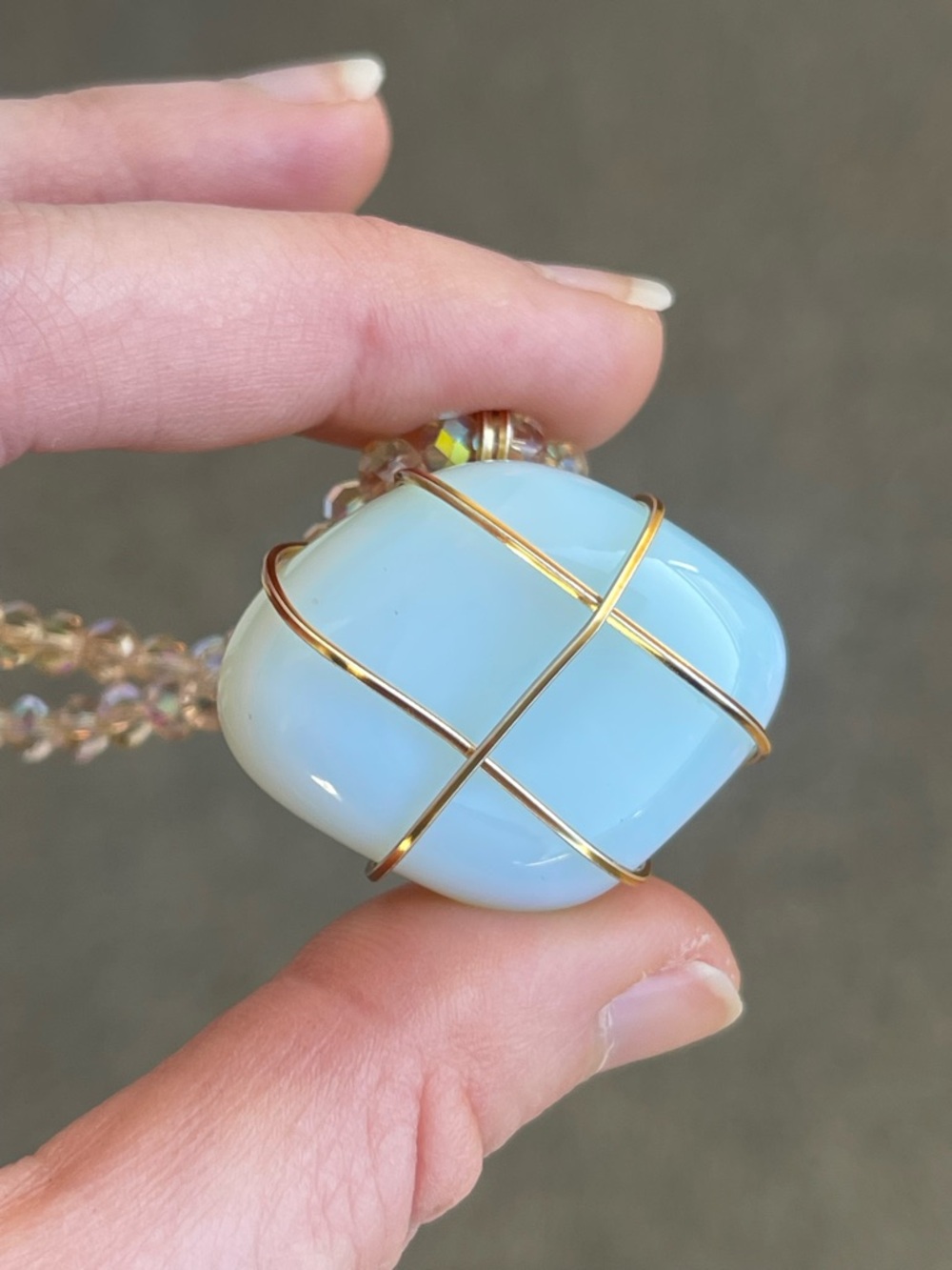 Milky White Opalite Gemstone Necklace on a White AB Glass Beaded Chain Handmade